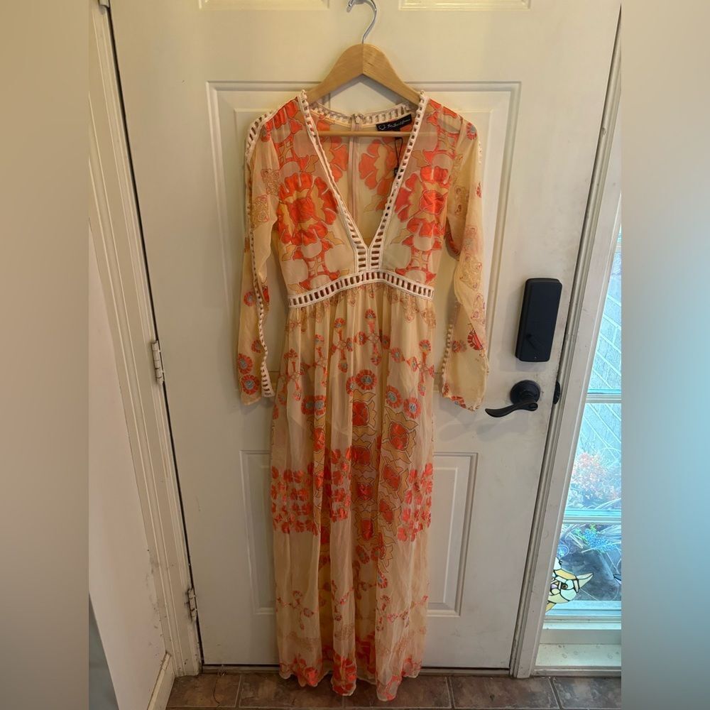 For Love And Lemons Barcelona Beige and Orange Long Sleeve Dress - Picture 4 of 7